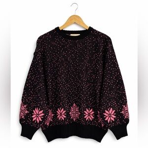 Vintage Black Pink Nordic Knit Sweater | 80s 90s Cozy Statement Pullover